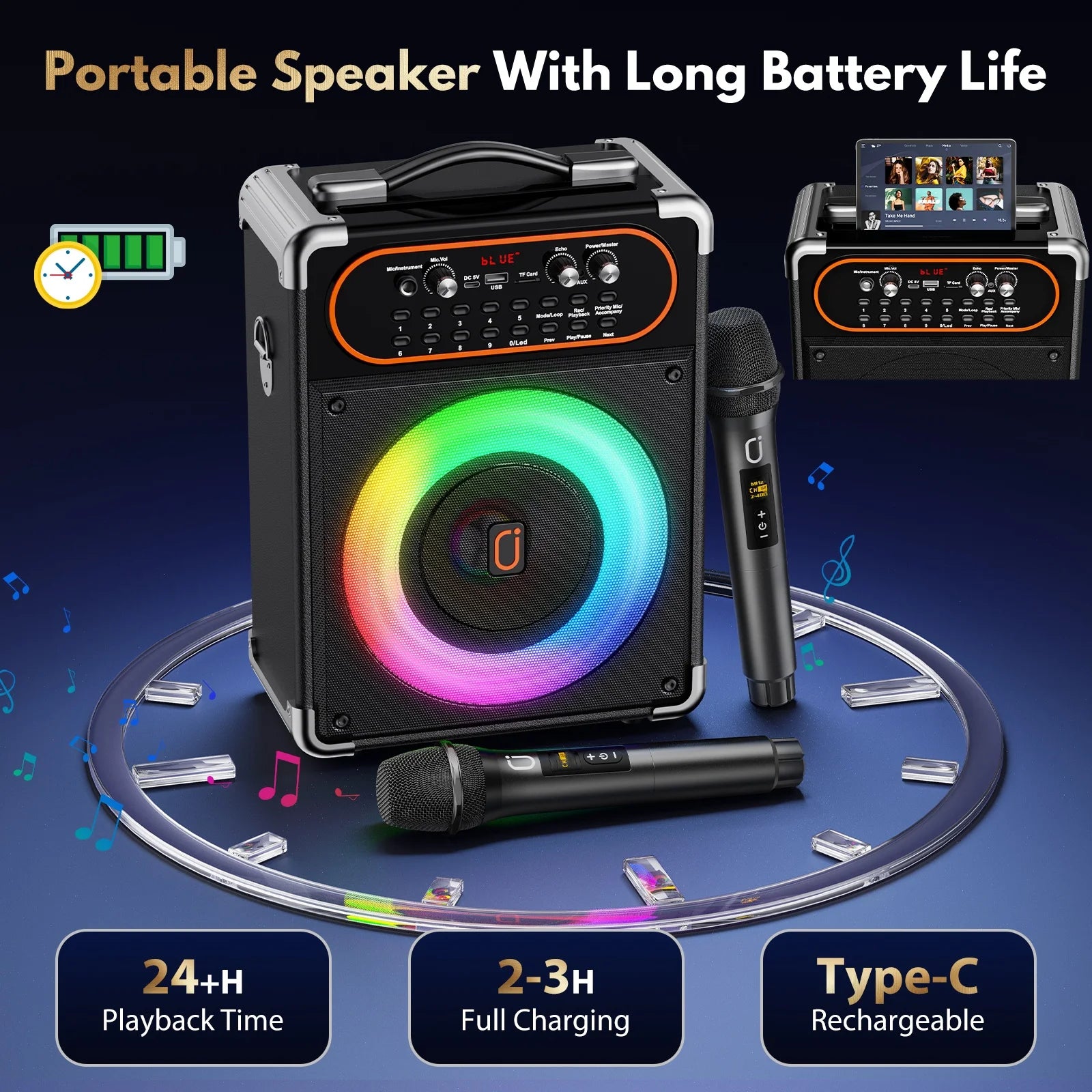 Karaoke Machine for Adults, Home Karaoke Speaker System with 2 Microphones, Portable Bluetooth Speaker with DJ Lights, Reverb Adjustment, S68
