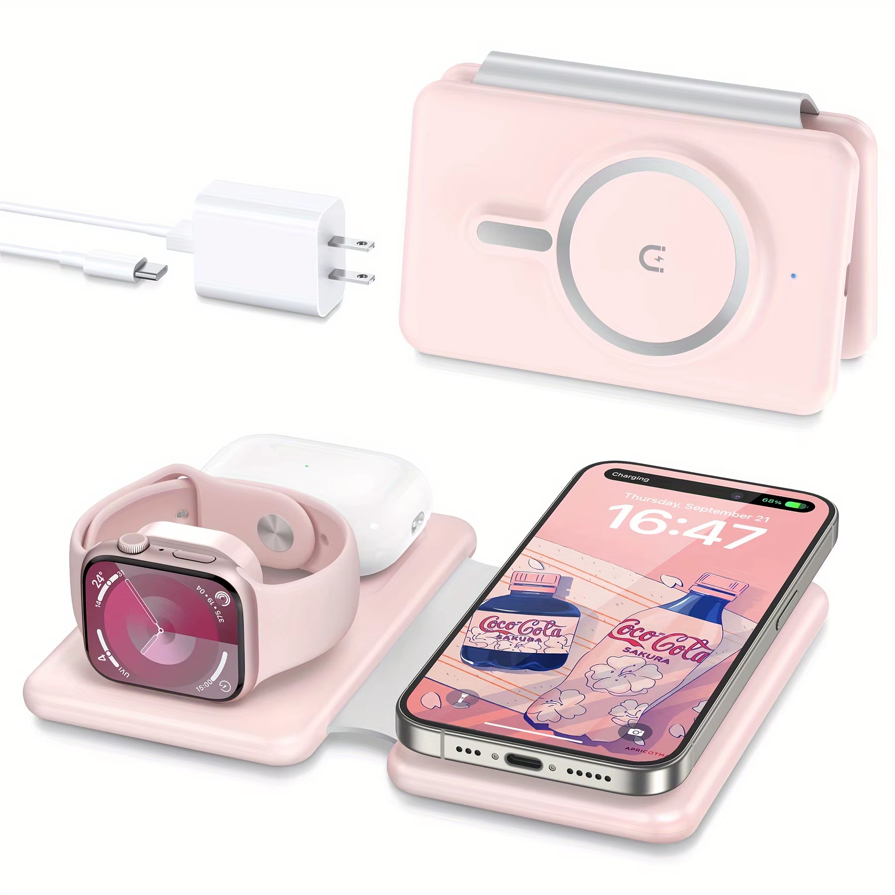 Cell Phone Wireless Charger - 3-In-1 Travel Charging Station for Multiple Devices, Portable Foldable Magnetic Charging Pad