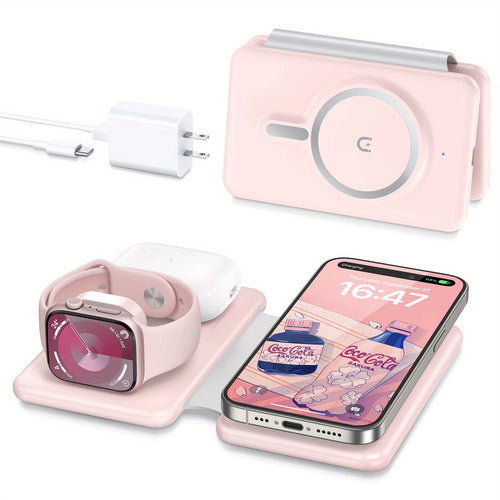 Cell Phone Wireless Charger - 3-In-1 Travel Charging Station for Multiple Devices, Portable Foldable Magnetic Charging Pad