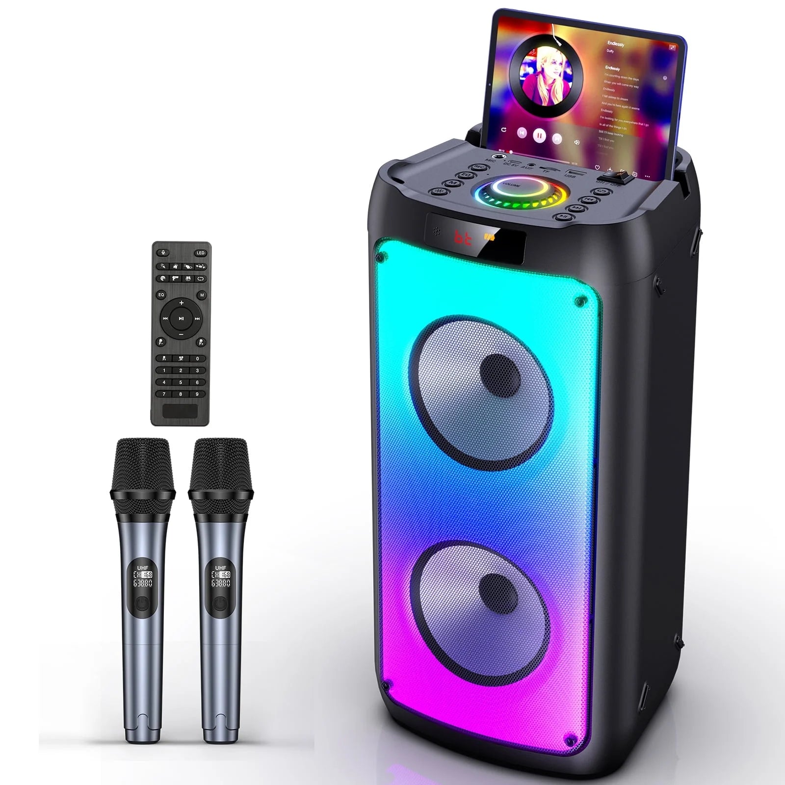 Bluetooth Speaker, Portable Party Speaker with 2 Microphones, DJ Lights for Outdoor and Home