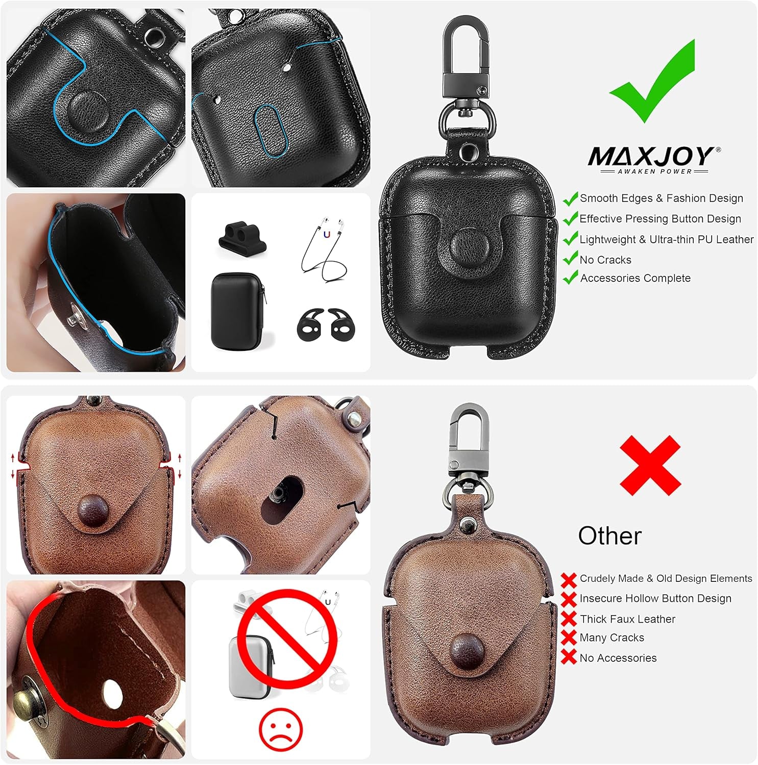 Compatible Airpods Case, Leather Airpods Cover 5 in 1 Protective Case with Keychain/Ear Hooks/Airpods Strap/Watch Band Holder/Earpods Case Compatible with Apple Airpods 2&1 Charging Case, Black