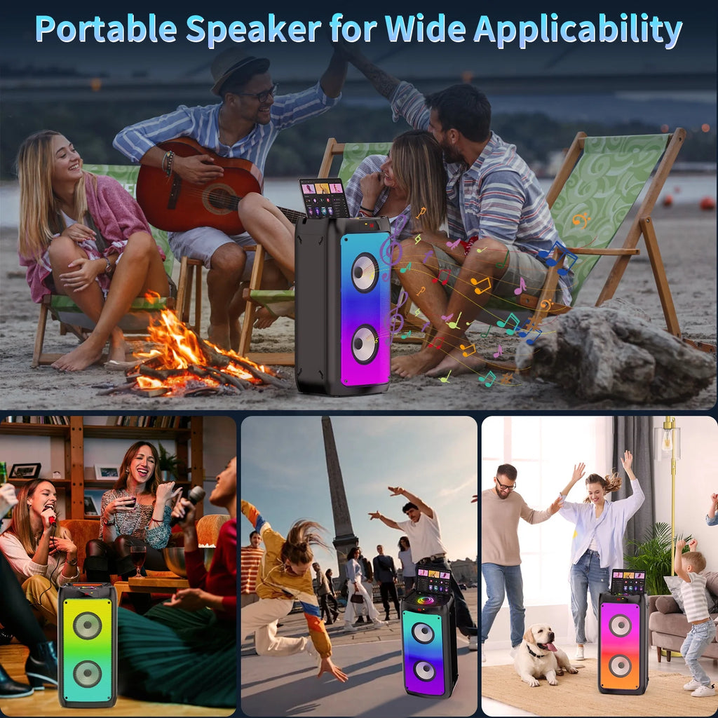 Bluetooth Speaker, Portable Party Speaker with 2 Microphones, DJ Lights for Outdoor and Home