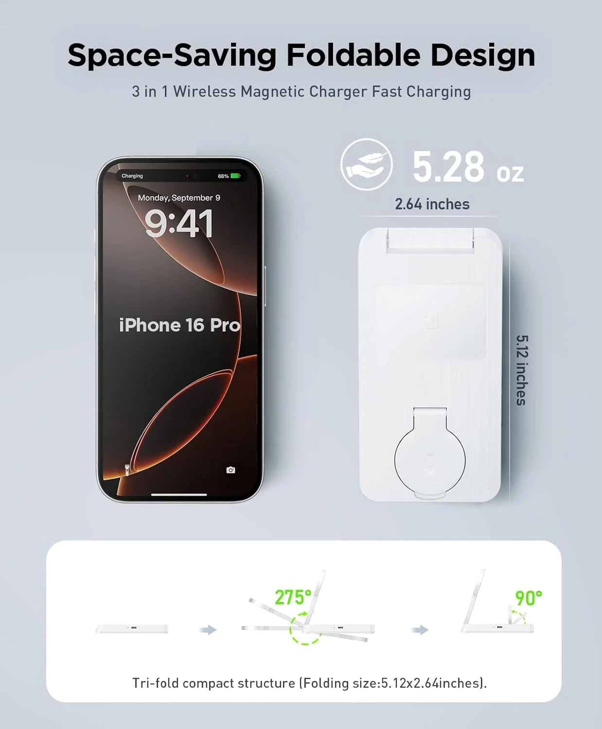 3 in 1 Charging Station - 2026 Foldable Wireless Charger Compatible for Iphone 17/16/15/14/13/12 plus Pro Max, Iwatch & Airpods, White