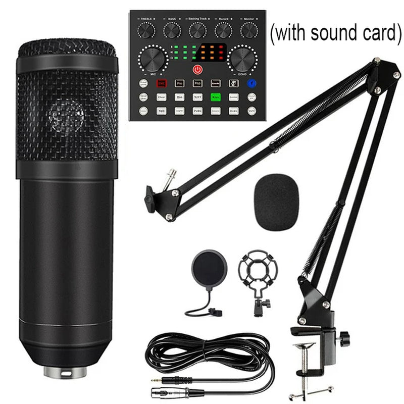 New BM800 Microphone Kits with Live Sound Card(Optional),Suspension Scissor Arm,Shock Mount and Pop Filter for Studio Recording