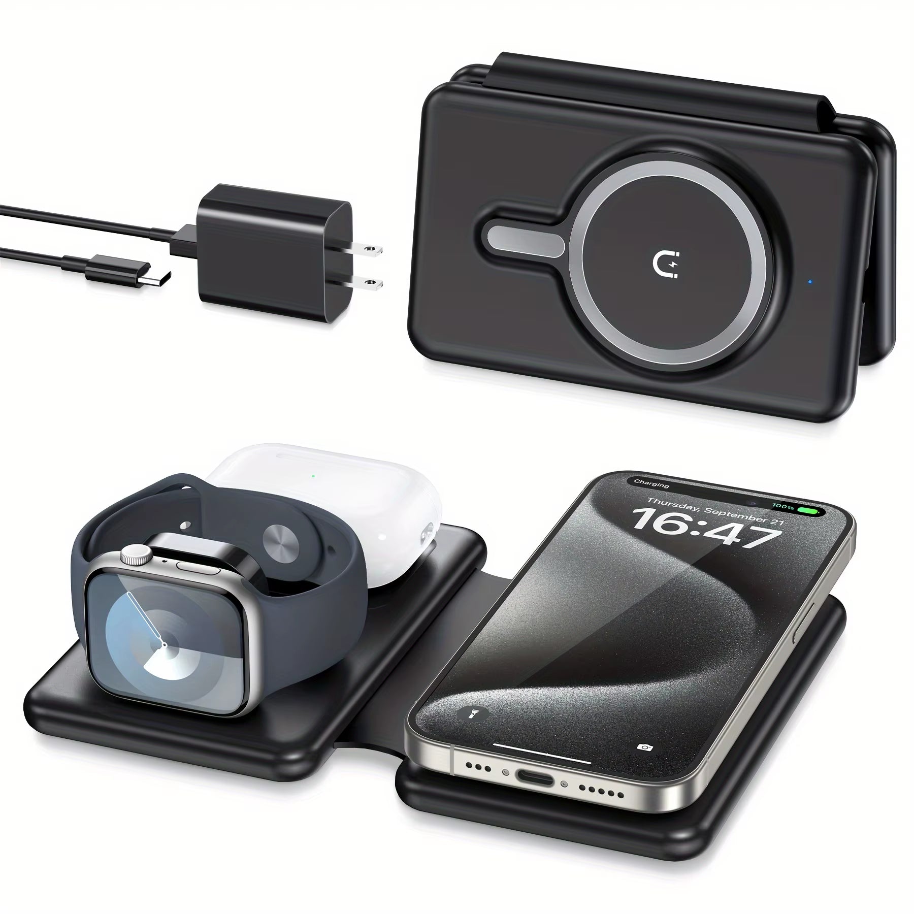 Cell Phone Wireless Charger - 3-In-1 Travel Charging Station for Multiple Devices, Portable Foldable Magnetic Charging Pad