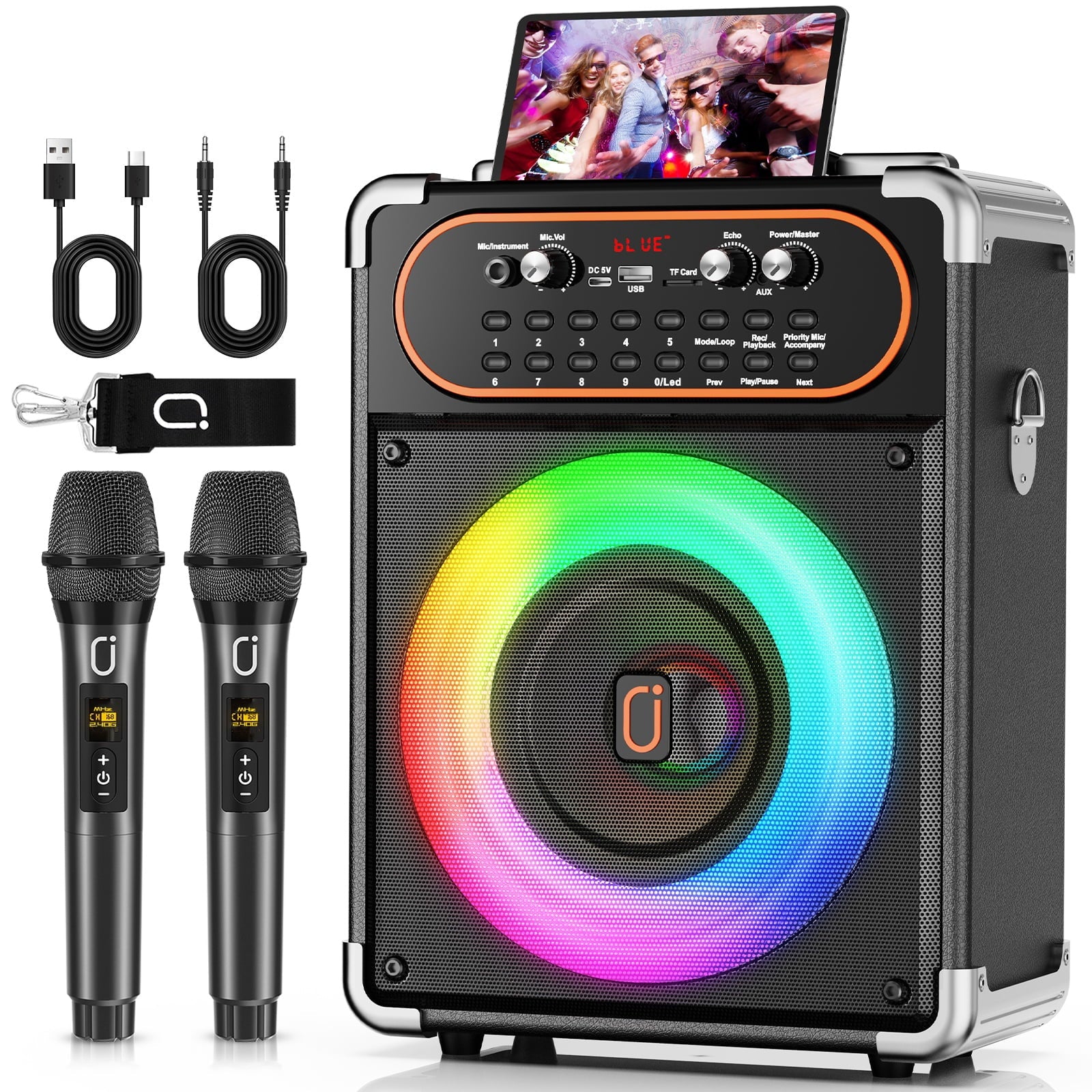 Karaoke Machine for Adults, Home Karaoke Speaker System with 2 Microphones, Portable Bluetooth Speaker with DJ Lights, Reverb Adjustment, S68