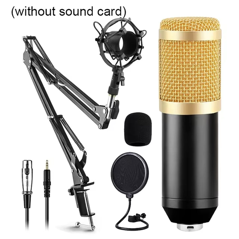 New BM800 Microphone Kits with Live Sound Card(Optional),Suspension Scissor Arm,Shock Mount and Pop Filter for Studio Recording