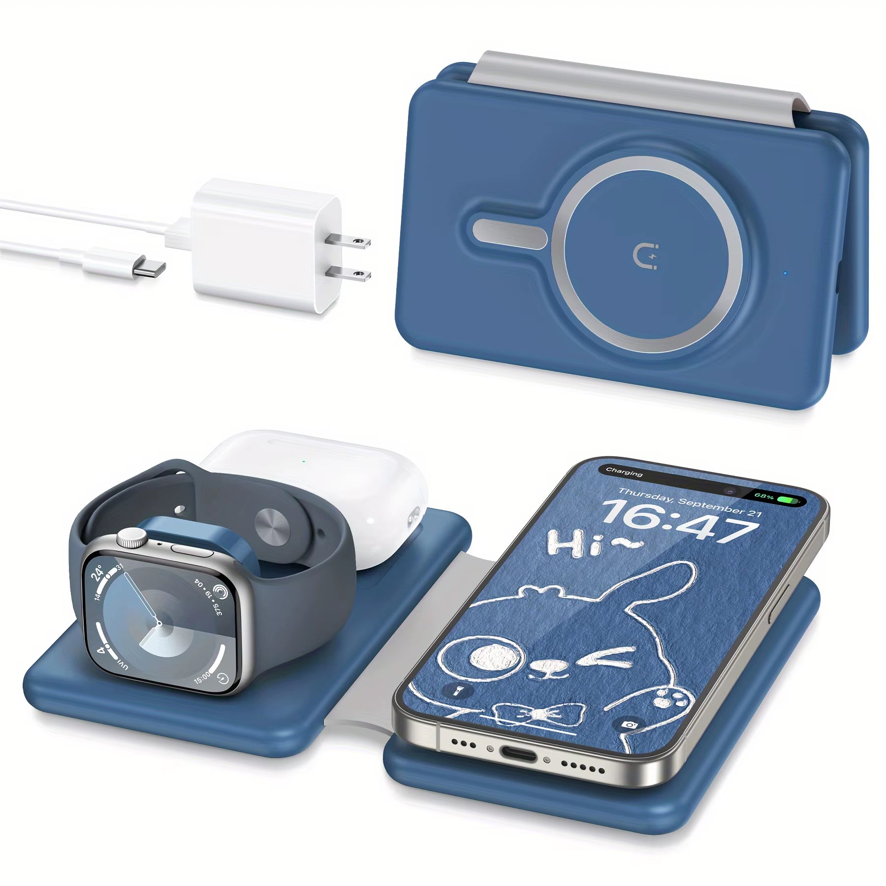 Cell Phone Wireless Charger - 3-In-1 Travel Charging Station for Multiple Devices, Portable Foldable Magnetic Charging Pad