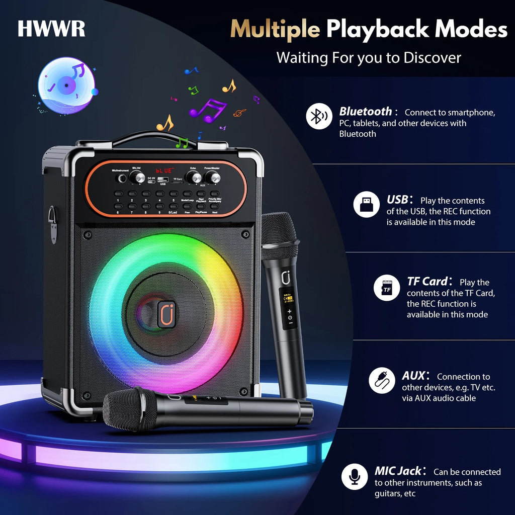 Karaoke Machine for Adults, Home Karaoke Speaker System with 2 Microphones, Portable Bluetooth Speaker with DJ Lights, Reverb Adjustment, S68