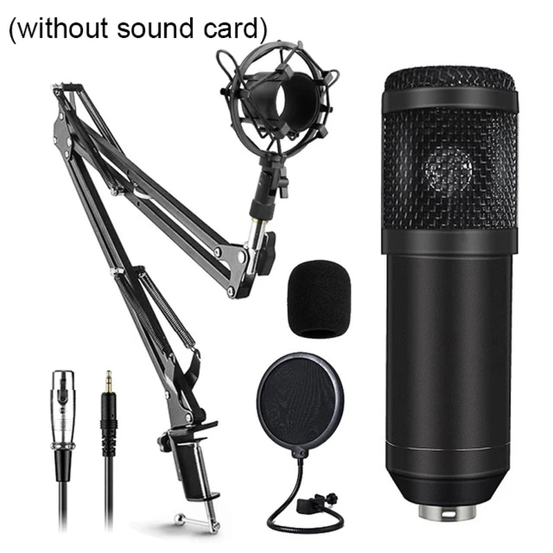 New BM800 Microphone Kits with Live Sound Card(Optional),Suspension Scissor Arm,Shock Mount and Pop Filter for Studio Recording