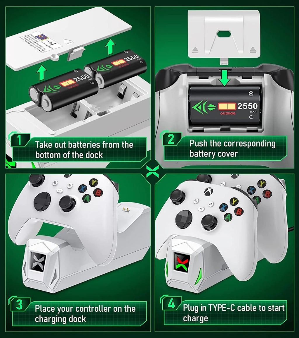 Xbox Controller Charger Station, 2 X5520Mwh Rechargeable Battery Pack for Xbox Series S/Xbox One X/One S/Xbox Elite/ Xbox Series X Controller