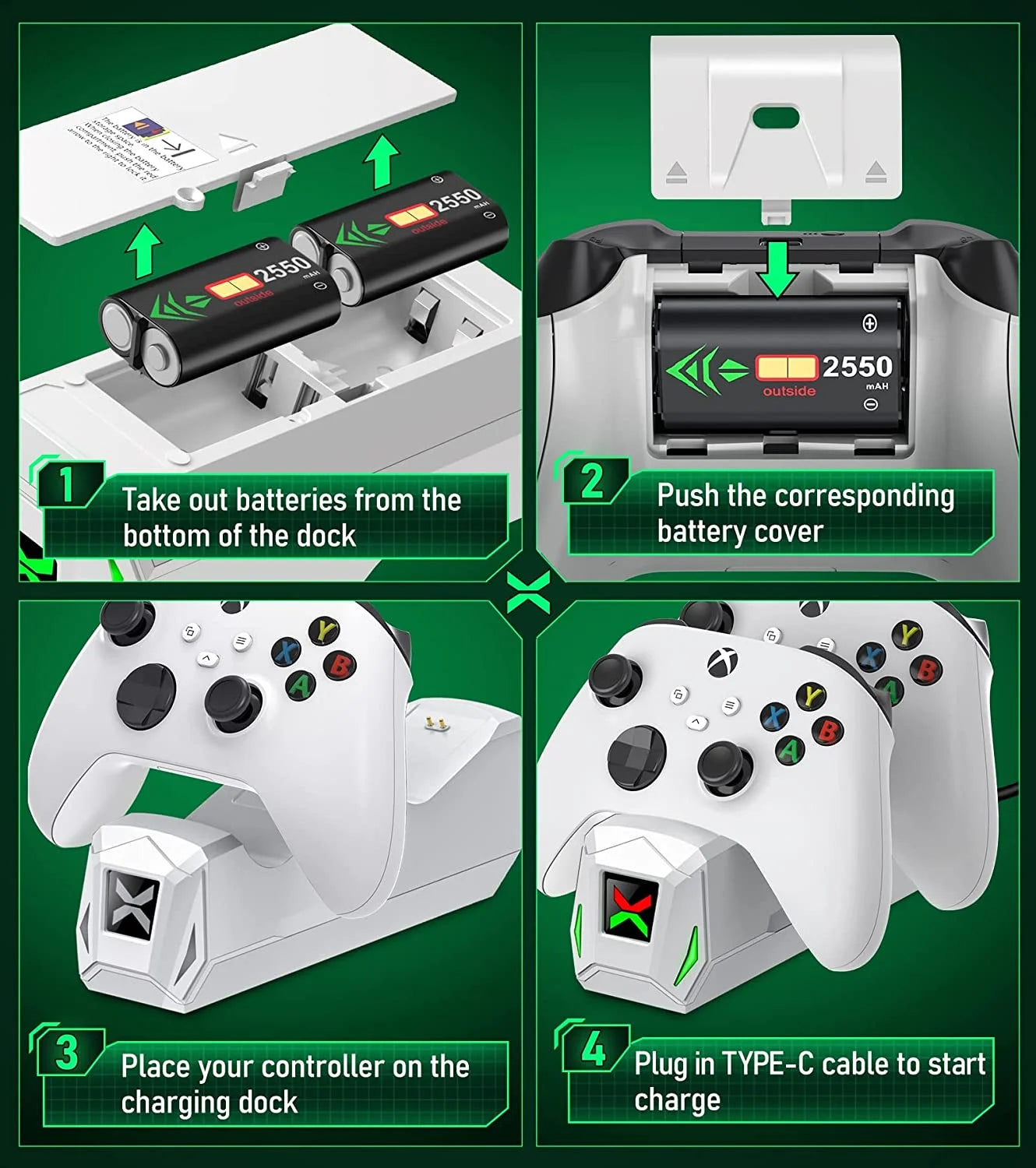 Xbox Controller Charger Station, 2 X5520Mwh Rechargeable Battery Pack for Xbox Series S/Xbox One X/One S/Xbox Elite/ Xbox Series X Controller