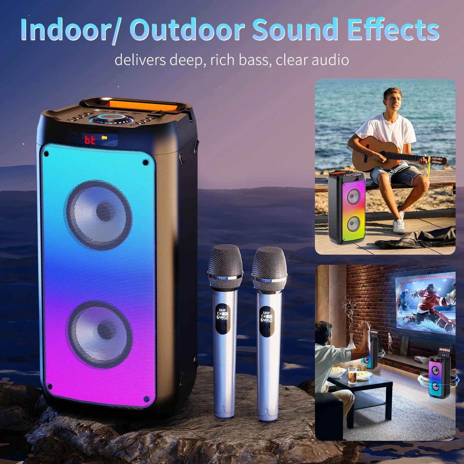 Bluetooth Speaker, Portable Party Speaker with 2 Microphones, DJ Lights for Outdoor and Home